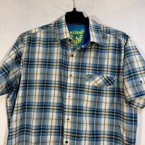 KUHL Stallion Seersucker Blue White Plaid Short Sleeve Button Up Shirt Men's L